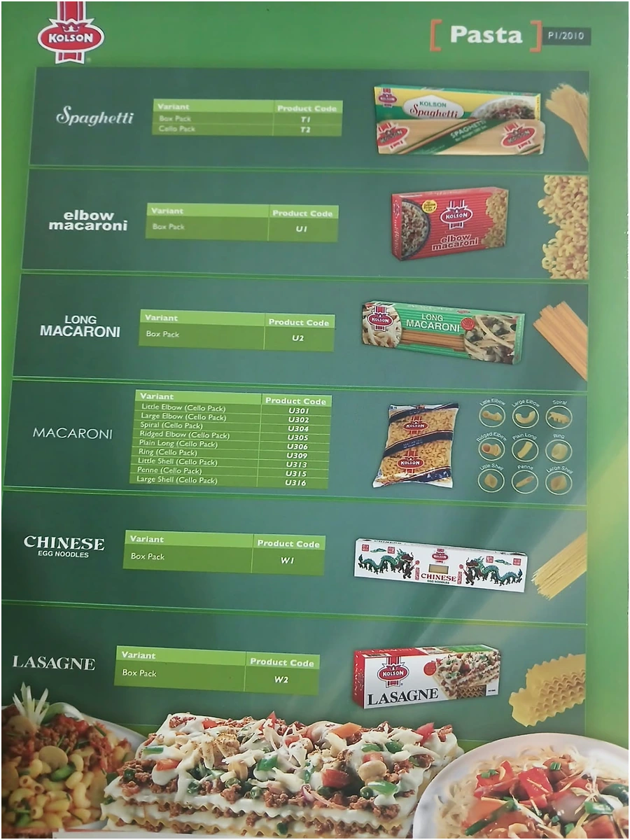 KOLSON: Product Guide folder with insert cards, pasta card