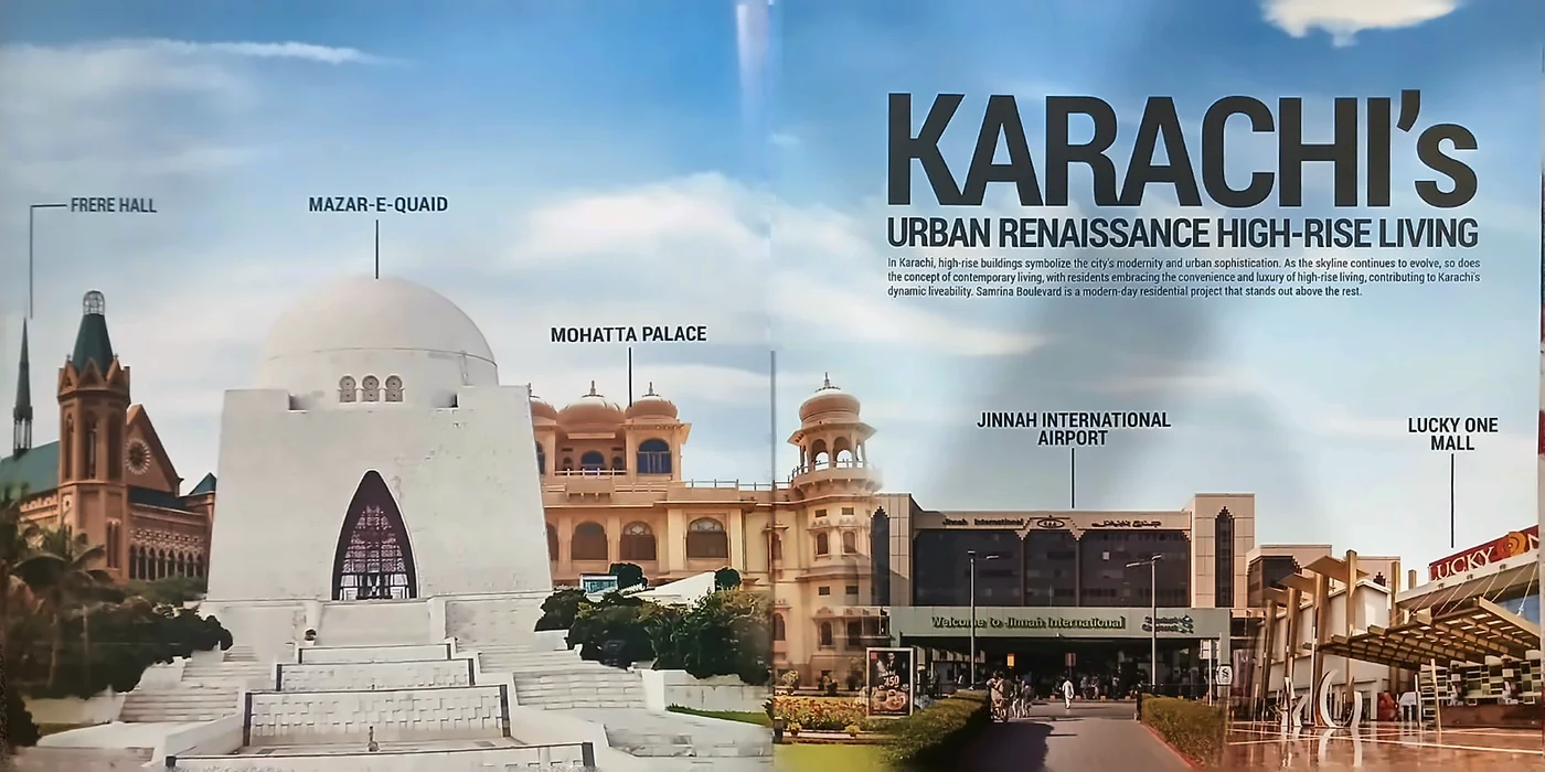Samrina Builders: Square brochure, gold on the cover, karachi’s urban renaissance: high-rise living