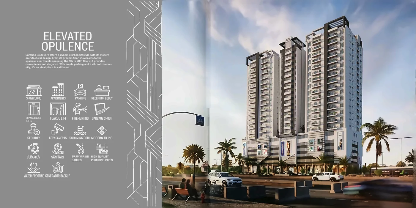 Samrina Builders: Square brochure, gold on the cover, elevated opulence