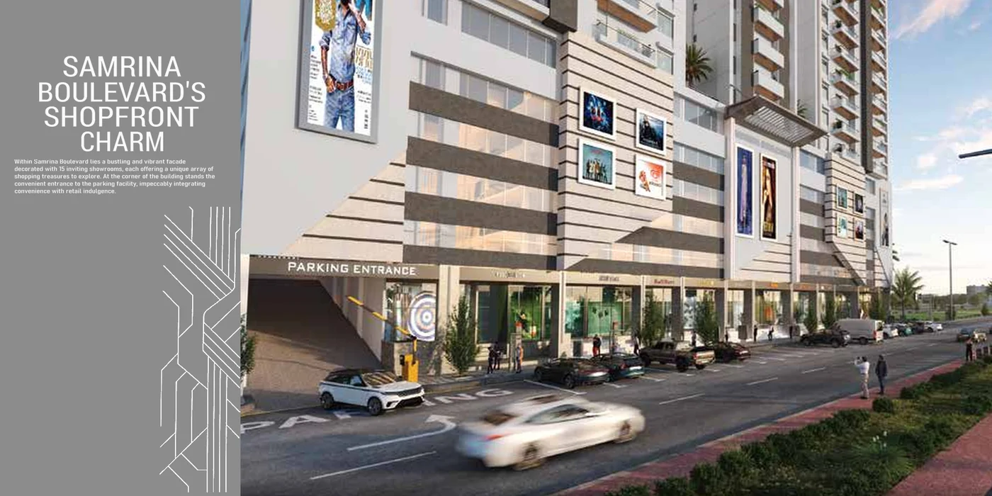 Samrina Builders: Square brochure, gold on the cover, samrina boulevard’s shopfront charm