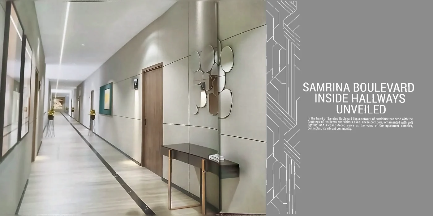 Samrina Builders: Square brochure, gold on the cover, inside: the hallways
