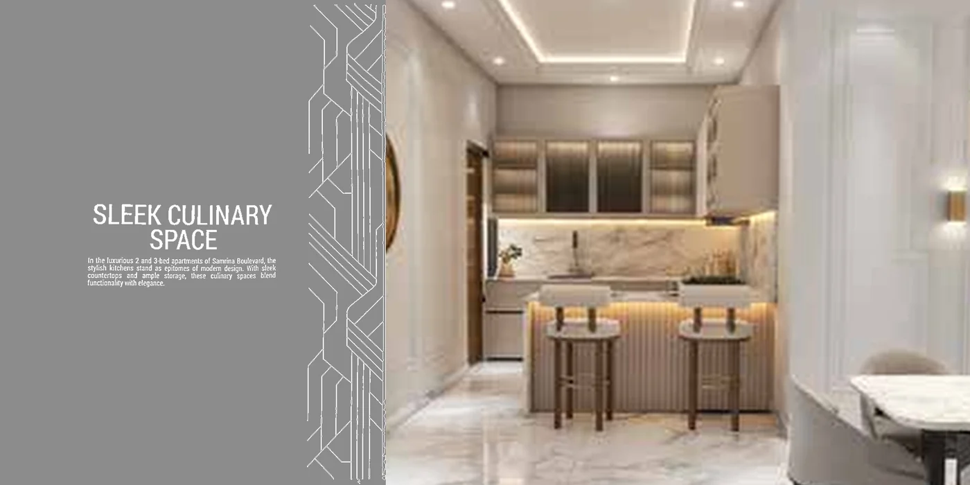 Samrina Builders: Square brochure, gold on the cover, sleek culinary space