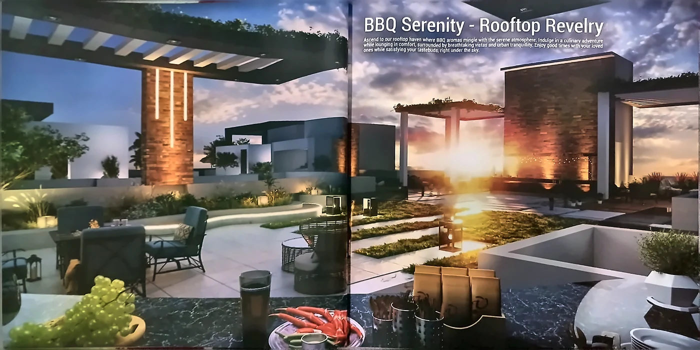 Samrina Builders: Square brochure, gold on the cover, bbq serenity, rooftop revelry