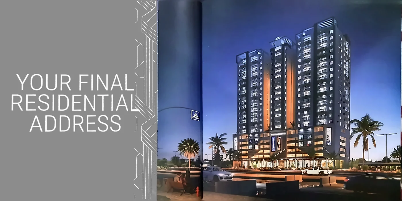 Samrina Builders: Square brochure, gold on the cover, your final residential address