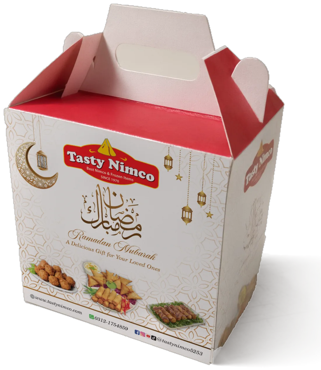 The made carton: the Tasty Nimco gable carry box, folded and standing on the table, its front printed with the Tasty Nimco logo, Ramadan Mubarak calligraphy, lanterns and food photographs.