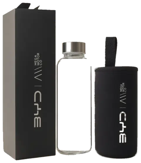 BYD · Mega Motor Co: Bottle, sleeve and printed box